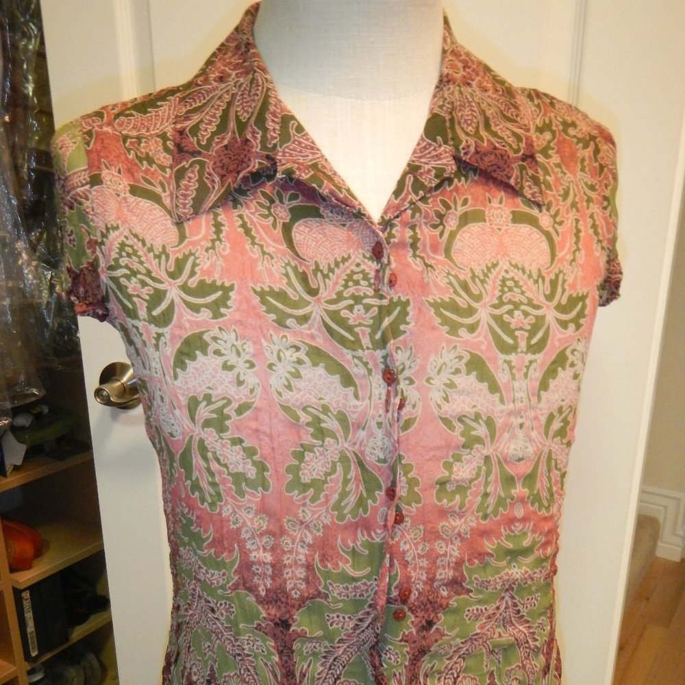 Cap Sleeve, Sheer, Patterned, Button Down Blouse - image 1